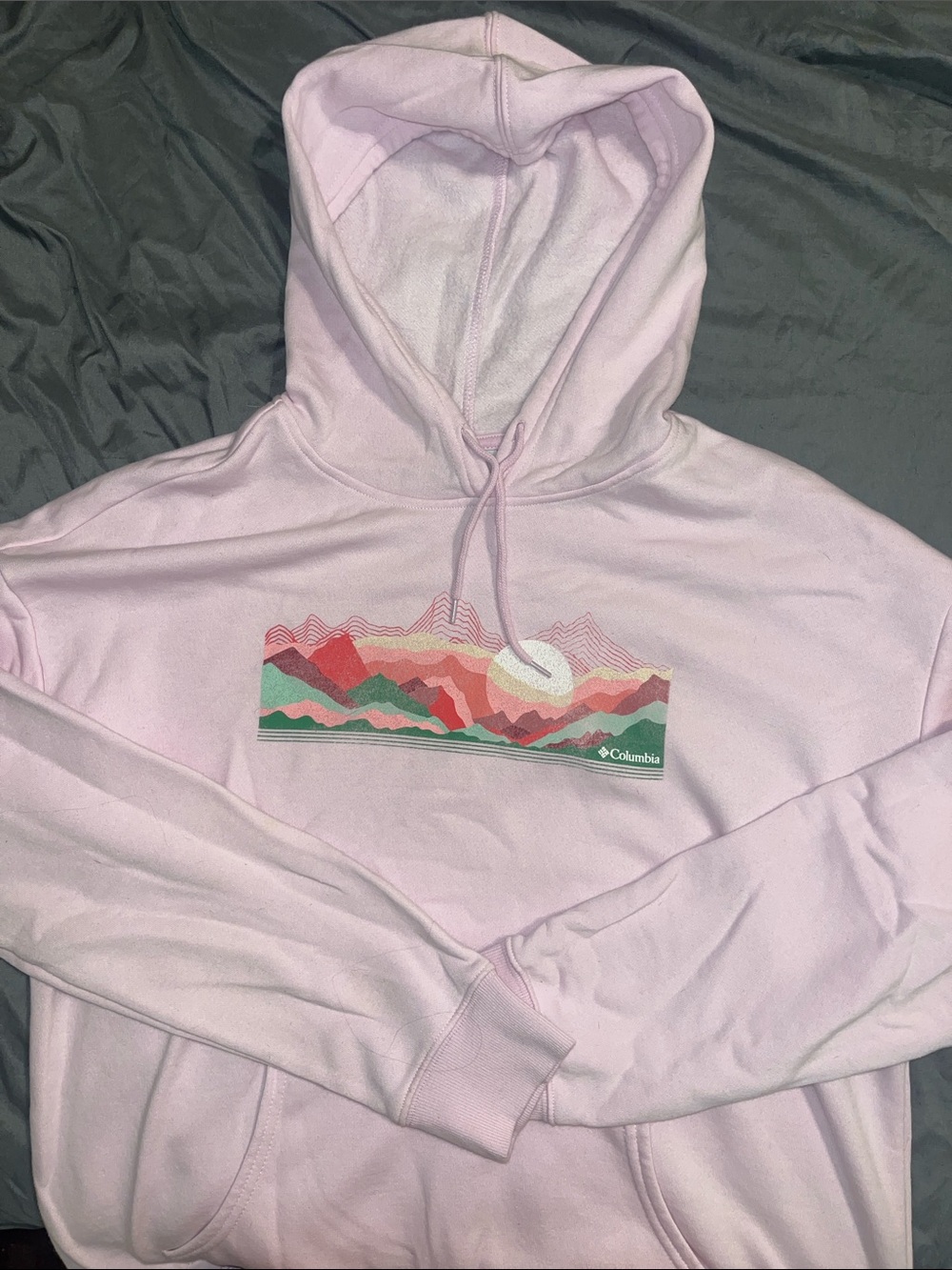 Columbia Light Pink Pullover Hoodie with Multicolor Mountain Graphic